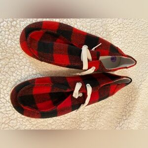 Red and Black Plaid Shoes with White Laces Size 8